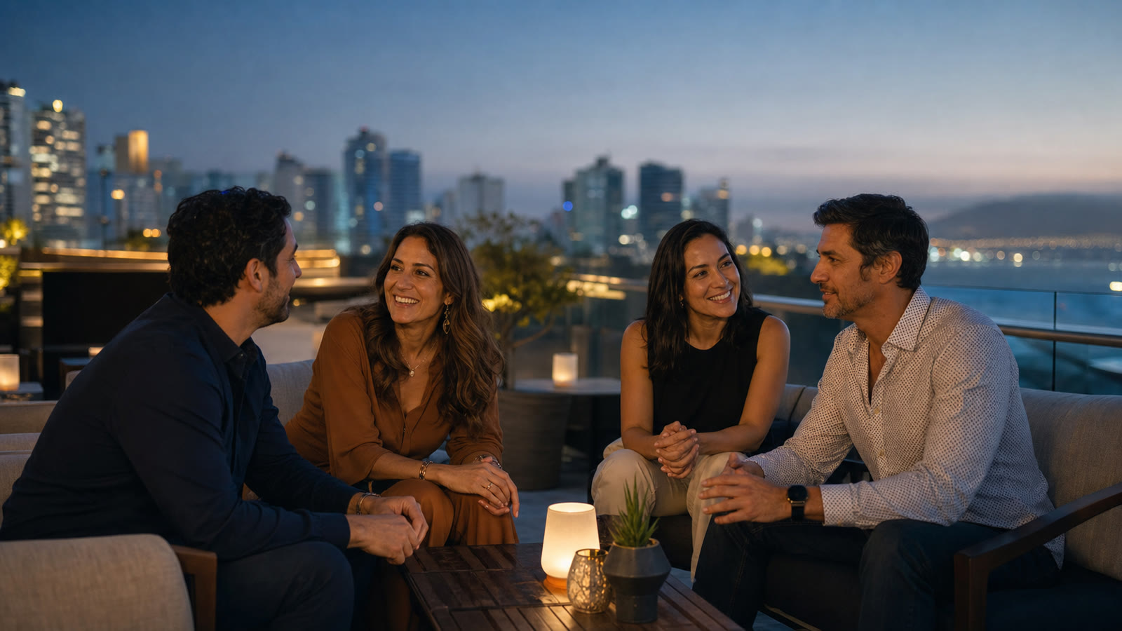 Dos parejas adultas conversando en una terraza contemporánea de Lima