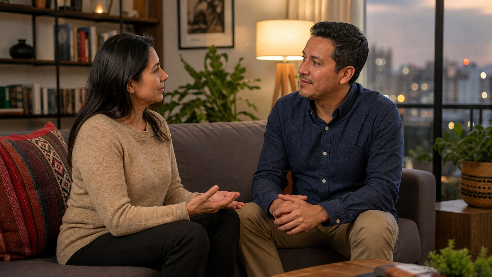 Pareja adulta conversando sobre acuerdos y confianza en un hogar de Perú