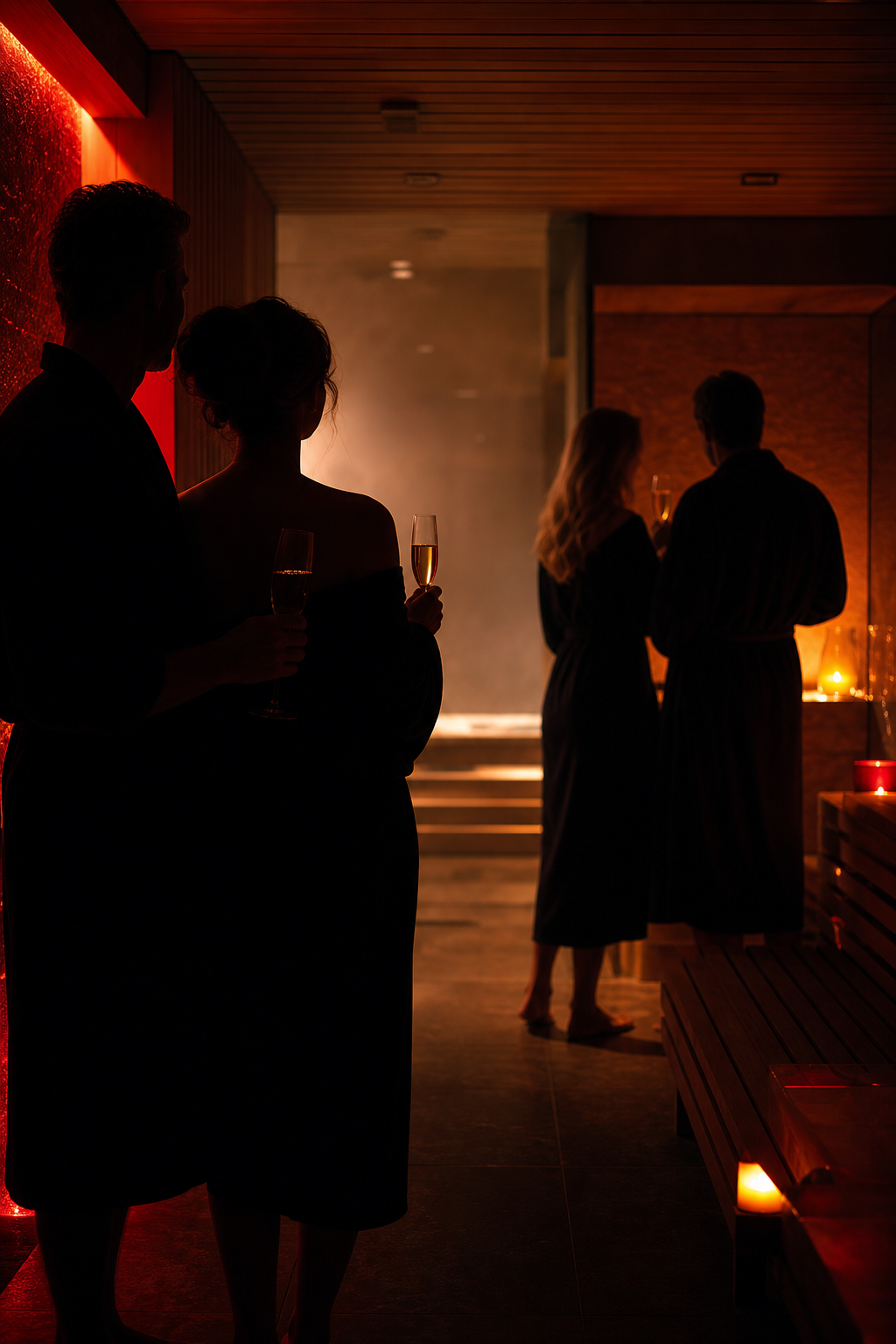 Dos parejas adultas en silueta dentro de un sauna con copas y luces rojas